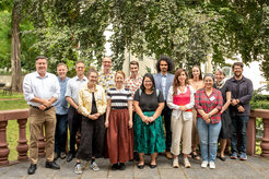 Participants of the workshop “Buddhism in the Anthropocene” from 13 to 15 July 2022 at the Max Planck Institute for Social Anthropology (from left to right): Robert Desjarlais, Jovan Maud, Alex Grabiner, Alice Millington, Frederik Schroeer, Saskia Abrahms-Kavunenko, Shultz Abrahms-Kavunenko, Jessica Steinmann, Prabhath Sirisena, Kai Shmushko, Zoe Zielke, Tsering Lhamo, Ursula Rao, Matthew King. Online presenters, not in the picture: Amy Holmes-Tgchungdarpa, Matthew Milligan and Kalzang Dorjee Bhutia.